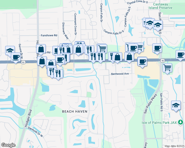 map of restaurants, bars, coffee shops, grocery stores, and more near 13843 Herons Landing Way in Jacksonville