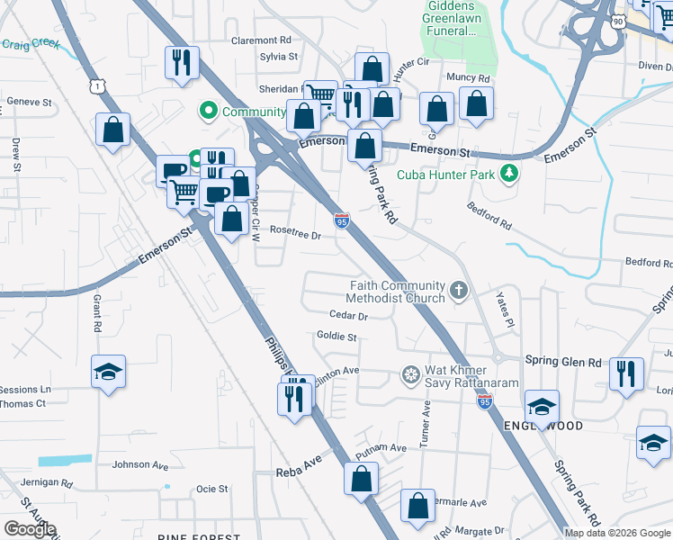 map of restaurants, bars, coffee shops, grocery stores, and more near 3820 Abby Lane in Jacksonville