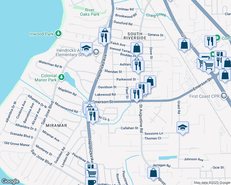 map of restaurants, bars, coffee shops, grocery stores, and more near 1663 Davidson Street in Jacksonville