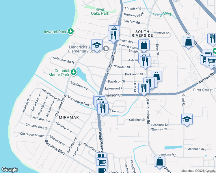 map of restaurants, bars, coffee shops, grocery stores, and more near 1610 Davidson Street in Jacksonville