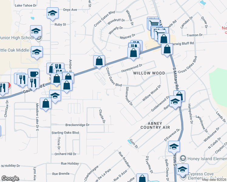 map of restaurants, bars, coffee shops, grocery stores, and more near 218 Cross Gates Boulevard in Slidell