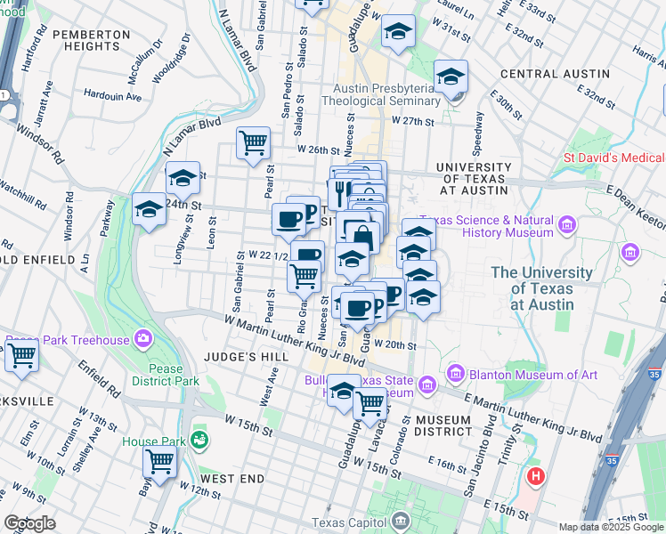 map of restaurants, bars, coffee shops, grocery stores, and more near 2305 Nueces Street in Austin