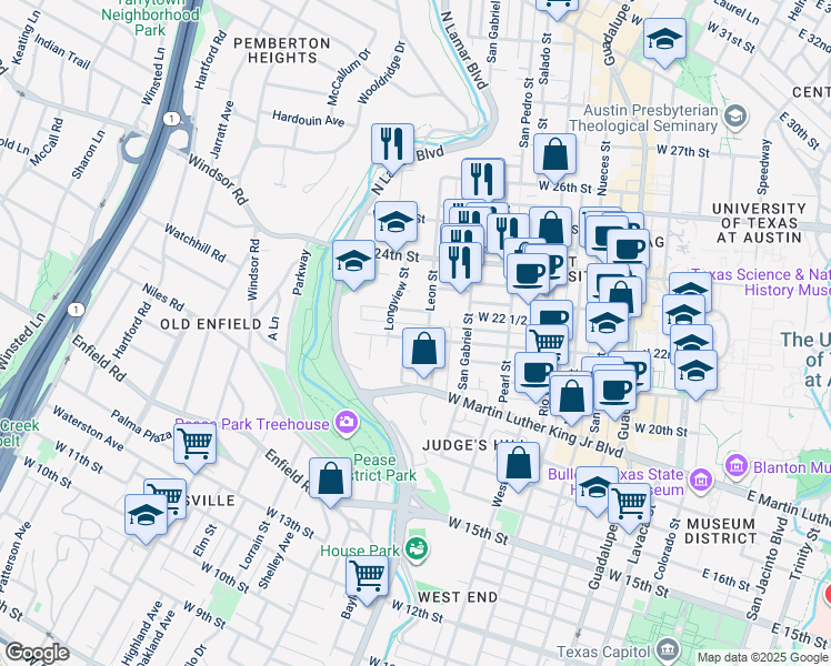 map of restaurants, bars, coffee shops, grocery stores, and more near 1111 West 22 1/2 Street in Austin
