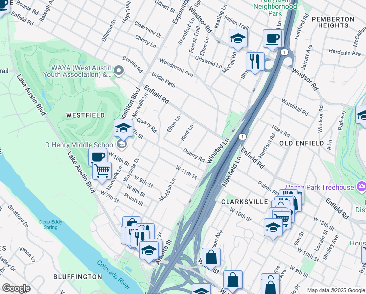 map of restaurants, bars, coffee shops, grocery stores, and more near 1308 Kent Lane in Austin