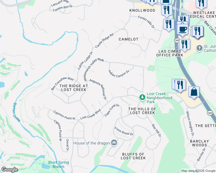 map of restaurants, bars, coffee shops, grocery stores, and more near 6302 Augusta National Drive in Austin