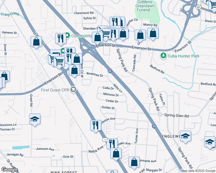 map of restaurants, bars, coffee shops, grocery stores, and more near 3820 Abby Lane in Jacksonville