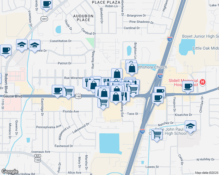 map of restaurants, bars, coffee shops, grocery stores, and more near 1606 Rue Lemans in Slidell