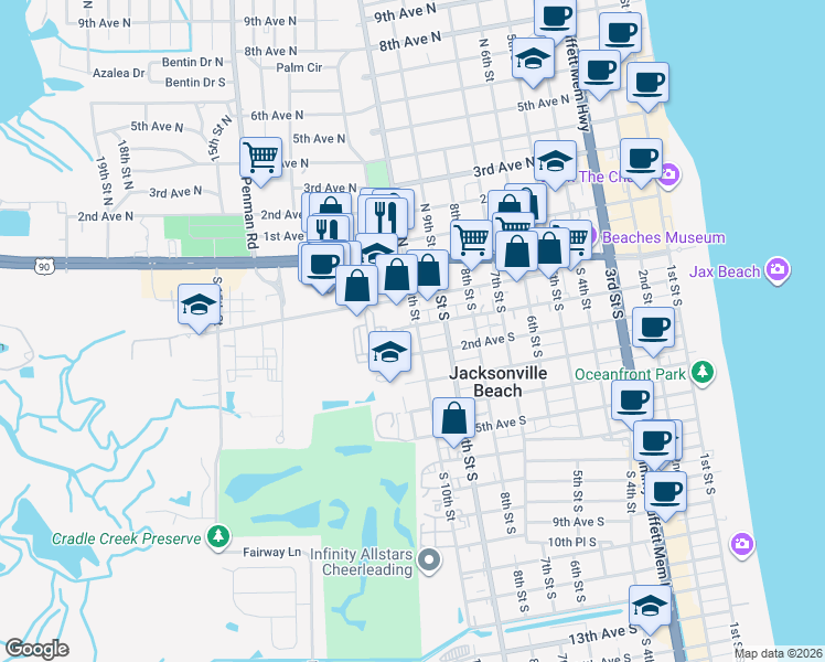 map of restaurants, bars, coffee shops, grocery stores, and more near 57 10th Street North in Jacksonville Beach