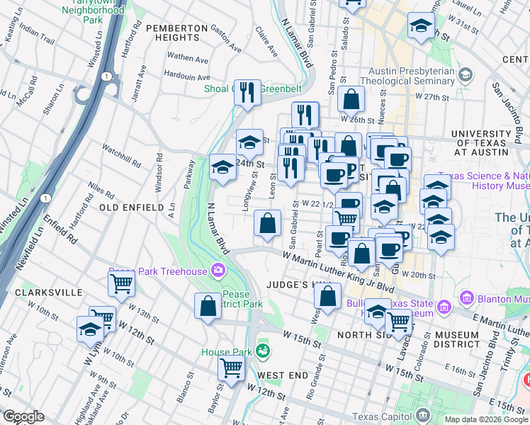 map of restaurants, bars, coffee shops, grocery stores, and more near 1111 West 22 1/2 Street in Austin