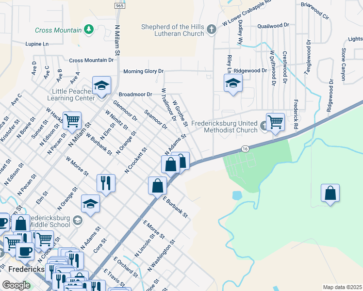map of restaurants, bars, coffee shops, grocery stores, and more near 108 East Trailmoor Drive in Fredericksburg