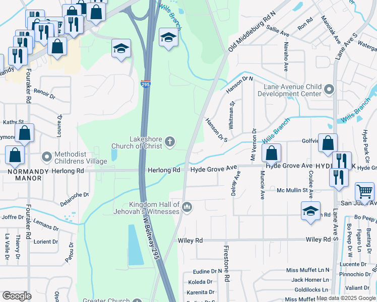 map of restaurants, bars, coffee shops, grocery stores, and more near 1700 Old Middleburg Road North in Jacksonville