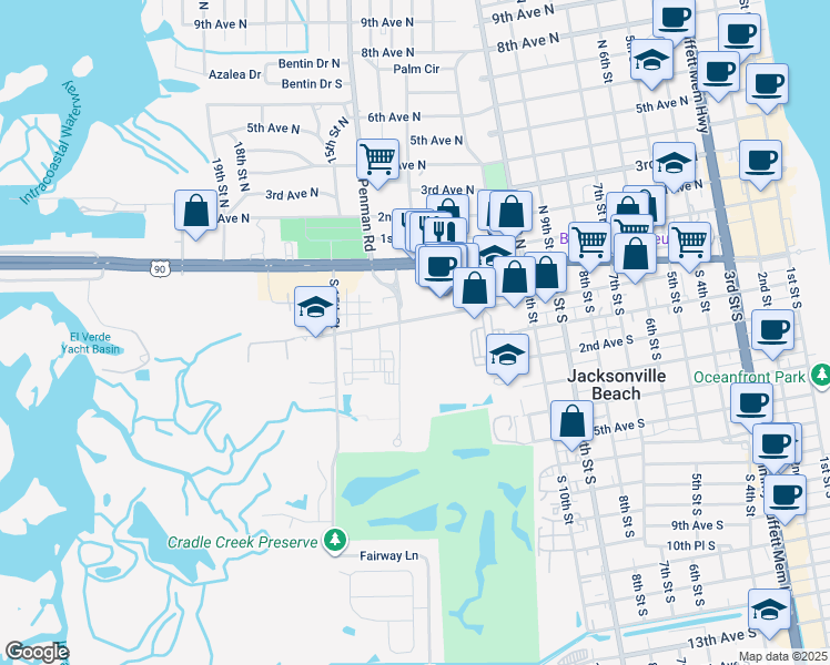map of restaurants, bars, coffee shops, grocery stores, and more near 101 Penman Road South in Jacksonville Beach
