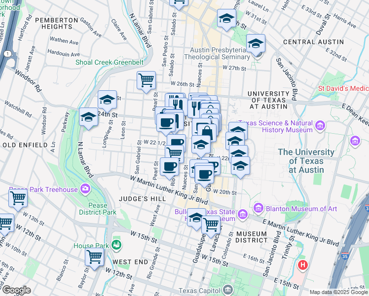 map of restaurants, bars, coffee shops, grocery stores, and more near 2206 Nueces Street in Austin