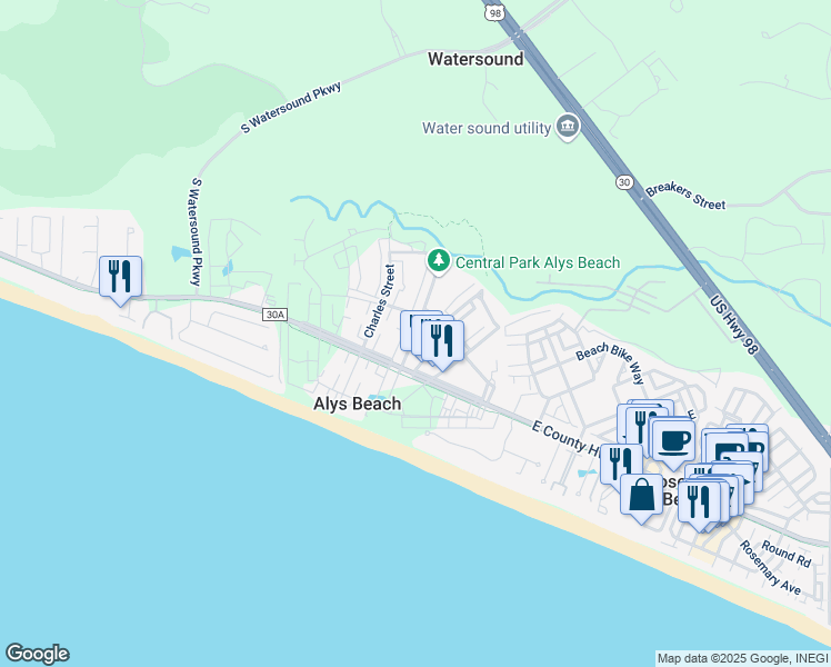 map of restaurants, bars, coffee shops, grocery stores, and more near Somerset Street in Panama City Beach