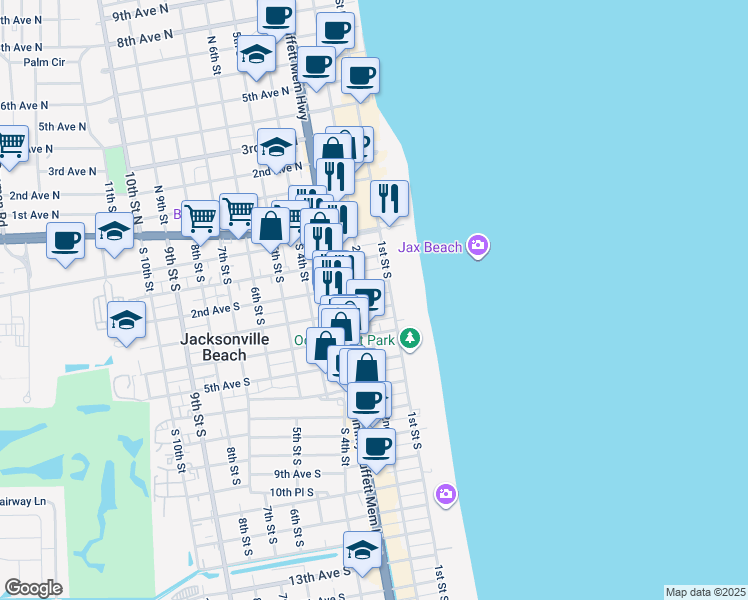 map of restaurants, bars, coffee shops, grocery stores, and more near 135 2nd Avenue South in Jacksonville Beach