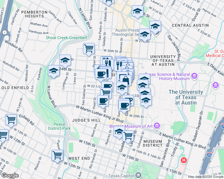 map of restaurants, bars, coffee shops, grocery stores, and more near 2222 1/2 Rio Grande Street in Austin