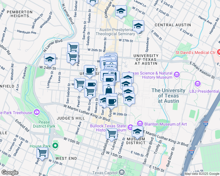 map of restaurants, bars, coffee shops, grocery stores, and more near 2247 Guadalupe Street in Austin