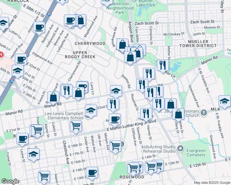 map of restaurants, bars, coffee shops, grocery stores, and more near 2900 Manor Road in Austin