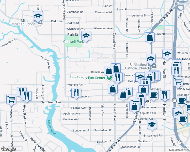 map of restaurants, bars, coffee shops, grocery stores, and more near 5167 Janice Circle South in Jacksonville