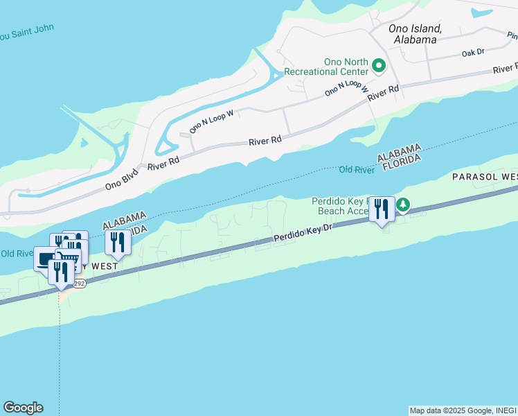 map of restaurants, bars, coffee shops, grocery stores, and more near 16784 Perdido Key Drive in Pensacola