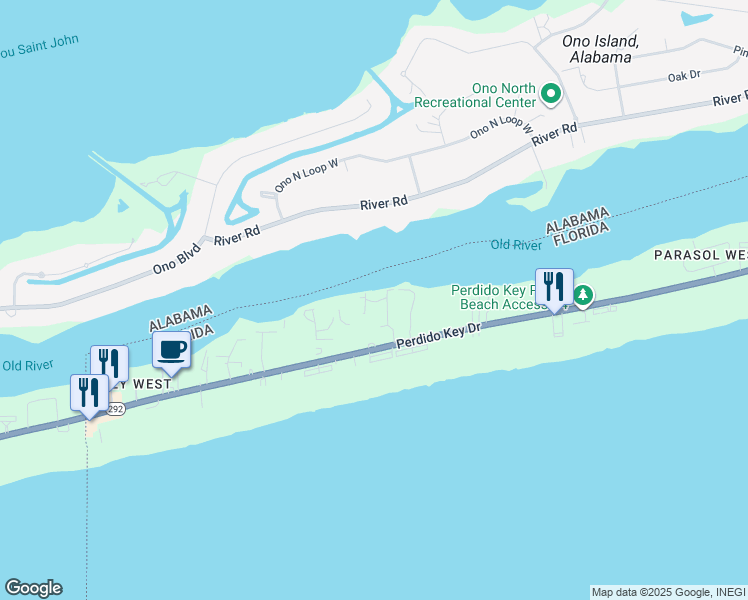map of restaurants, bars, coffee shops, grocery stores, and more near 16784 Perdido Key Drive in Pensacola