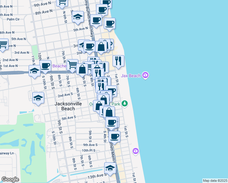 map of restaurants, bars, coffee shops, grocery stores, and more near 135 2nd Avenue South in Jacksonville Beach