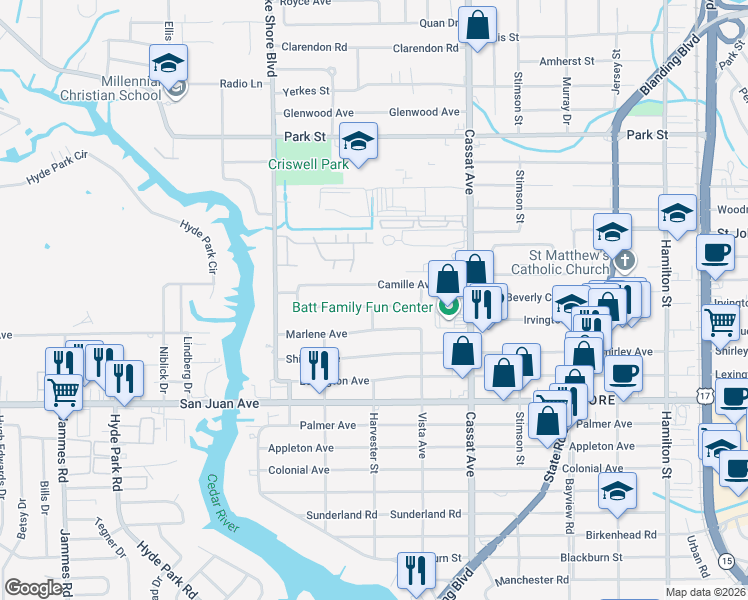 map of restaurants, bars, coffee shops, grocery stores, and more near 5221 Camille Avenue in Jacksonville
