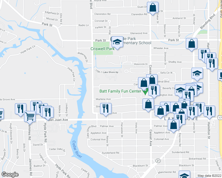 map of restaurants, bars, coffee shops, grocery stores, and more near 5281 Camille Avenue in Jacksonville