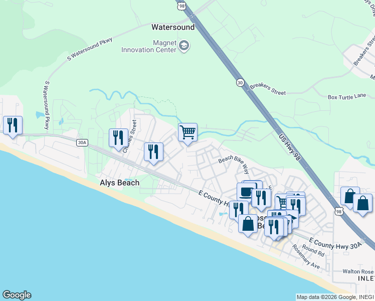 map of restaurants, bars, coffee shops, grocery stores, and more near 84 Endless Summer Way West in Rosemary Beach
