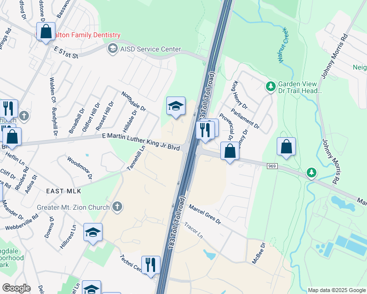 map of restaurants, bars, coffee shops, grocery stores, and more near 5800 East Martin Luther King Junior Boulevard in Austin