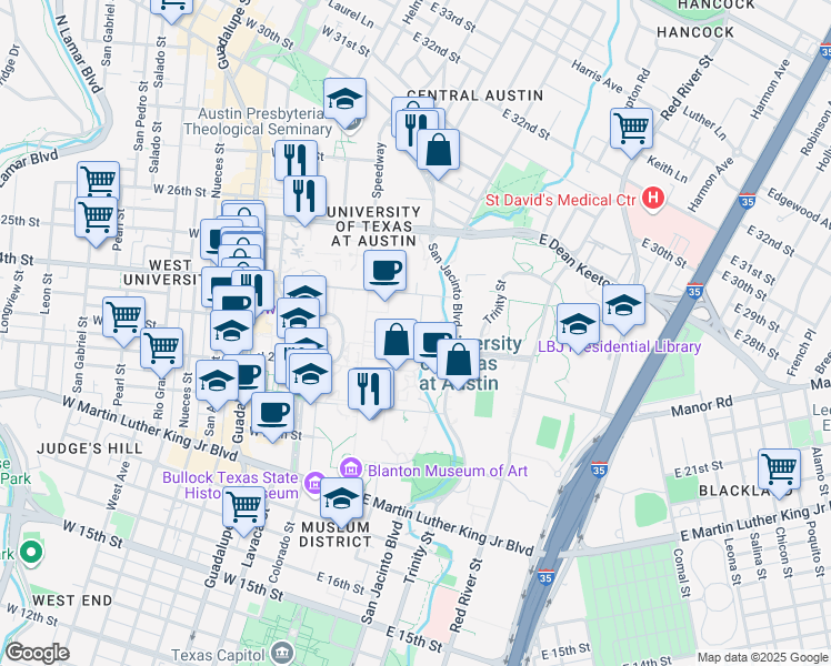 map of restaurants, bars, coffee shops, grocery stores, and more near 301 East 24th Street in Austin
