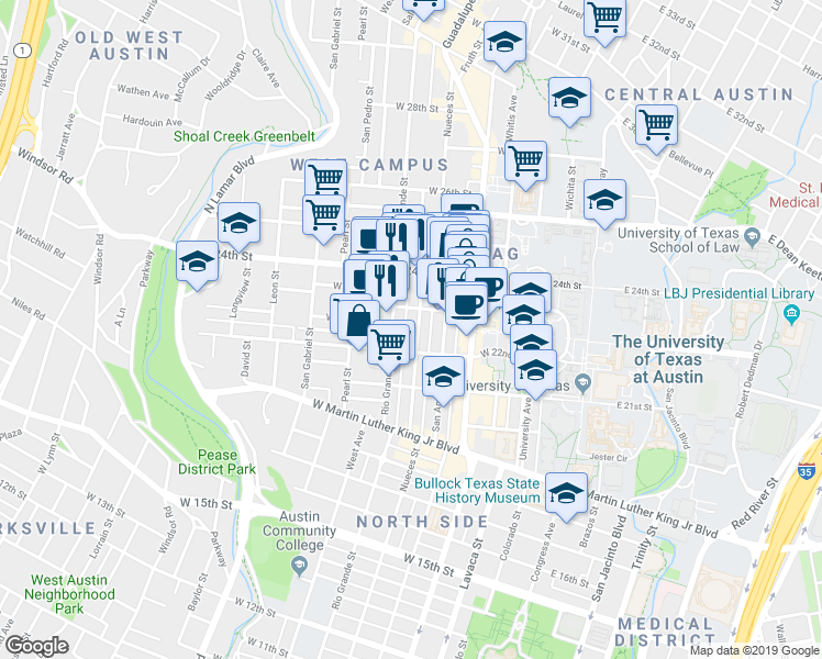 map of restaurants, bars, coffee shops, grocery stores, and more near 2222 1/2 Rio Grande Street in Austin