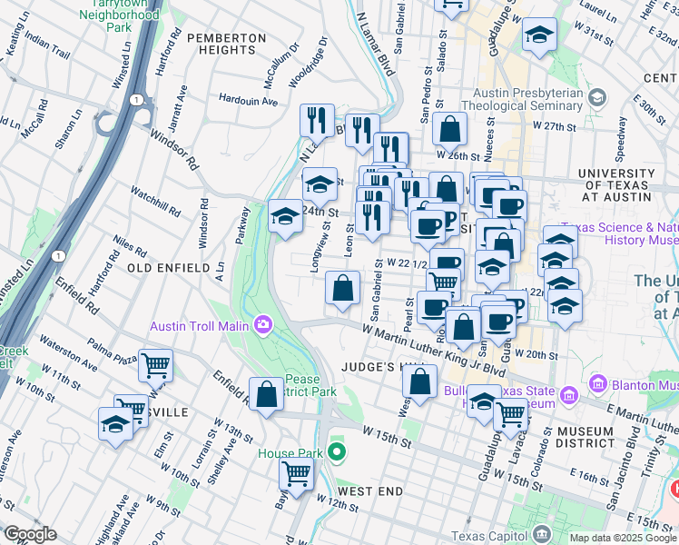 map of restaurants, bars, coffee shops, grocery stores, and more near 1111 West 22 1/2 Street in Austin