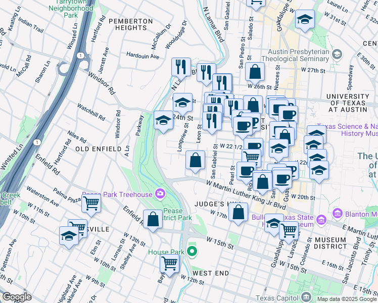 map of restaurants, bars, coffee shops, grocery stores, and more near 1111 West 22 1/2 Street in Austin