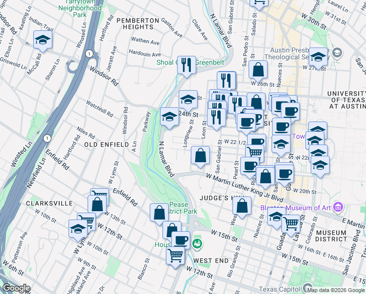 map of restaurants, bars, coffee shops, grocery stores, and more near 1211 West 22 1/2 Street in Austin