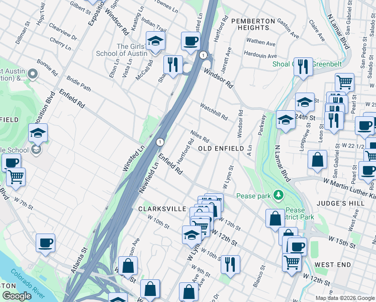 map of restaurants, bars, coffee shops, grocery stores, and more near 1700 Hartford Road in Austin
