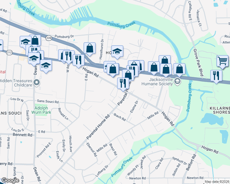 map of restaurants, bars, coffee shops, grocery stores, and more near 7514 Hogan Road in Jacksonville