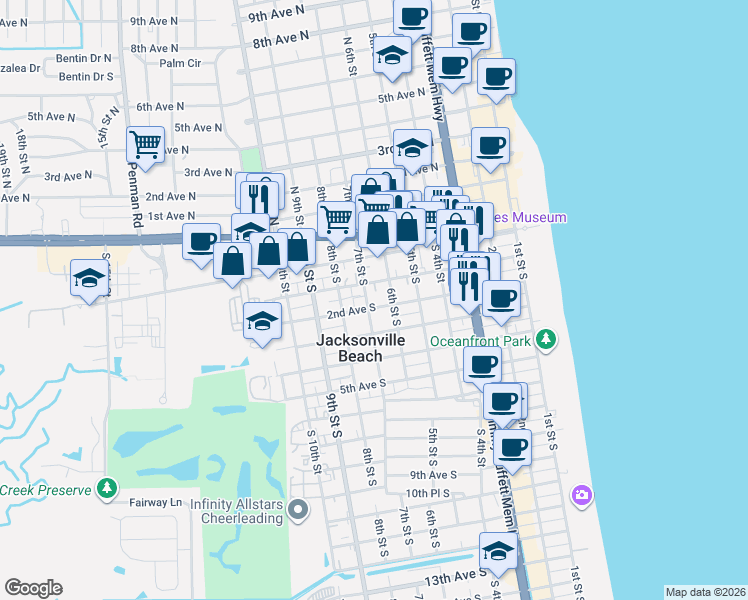 map of restaurants, bars, coffee shops, grocery stores, and more near 125 South 7th Street in Jacksonville Beach