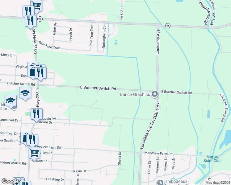 map of restaurants, bars, coffee shops, grocery stores, and more near 1134 East Butcher Switch Road in Lafayette