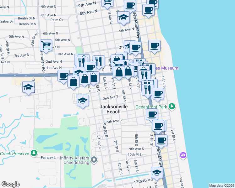 map of restaurants, bars, coffee shops, grocery stores, and more near 125 South 7th Street in Jacksonville Beach