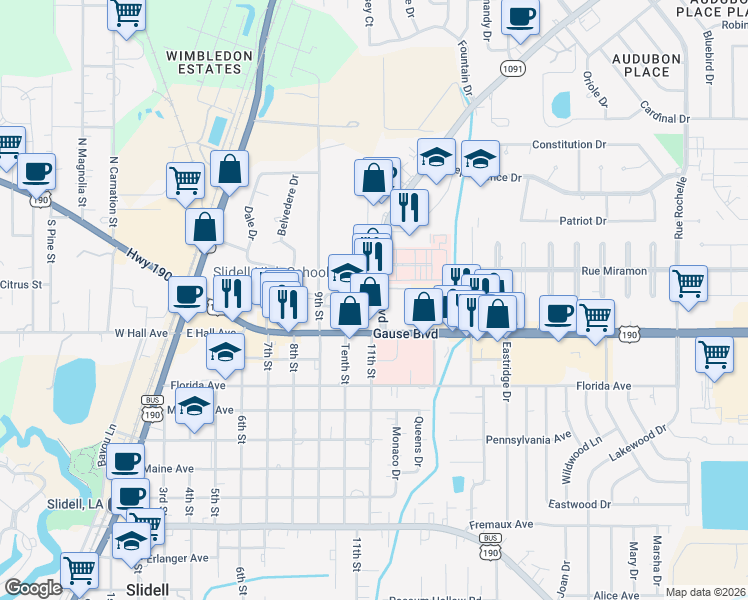 map of restaurants, bars, coffee shops, grocery stores, and more near 1 Tiger Drive in Slidell