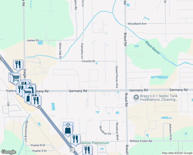 map of restaurants, bars, coffee shops, grocery stores, and more near 39396 Germany Road in Prairieville
