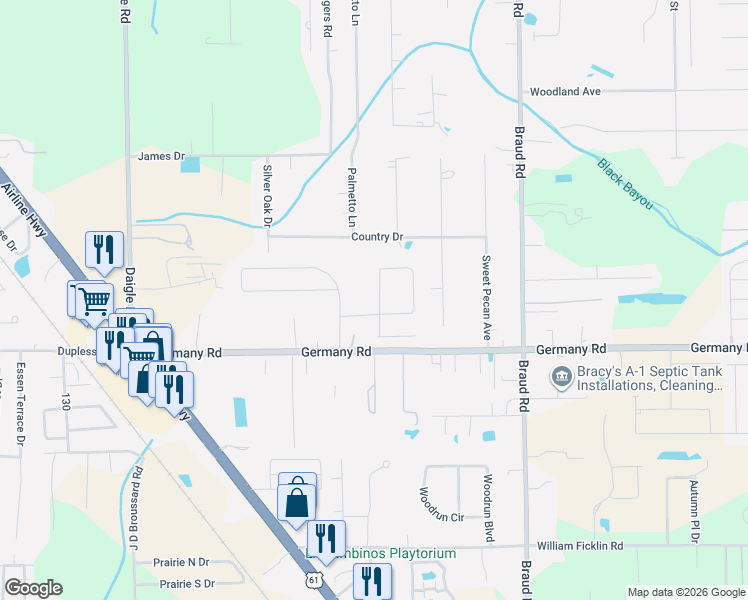 map of restaurants, bars, coffee shops, grocery stores, and more near 39342 Germany Road in Prairieville