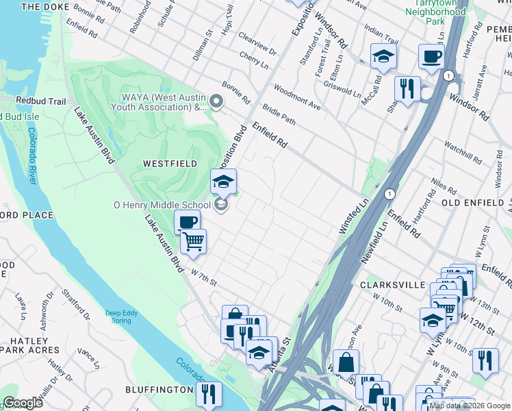 map of restaurants, bars, coffee shops, grocery stores, and more near 2416 West 12th Street in Austin