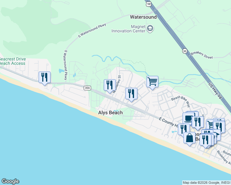 map of restaurants, bars, coffee shops, grocery stores, and more near 86 Charlestown Avenue in Panama City Beach
