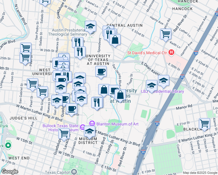 map of restaurants, bars, coffee shops, grocery stores, and more near 303 East 24th Street in Austin