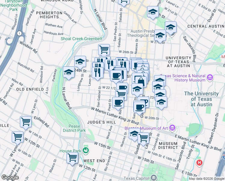map of restaurants, bars, coffee shops, grocery stores, and more near 2 West 22 1/2 Street in Austin