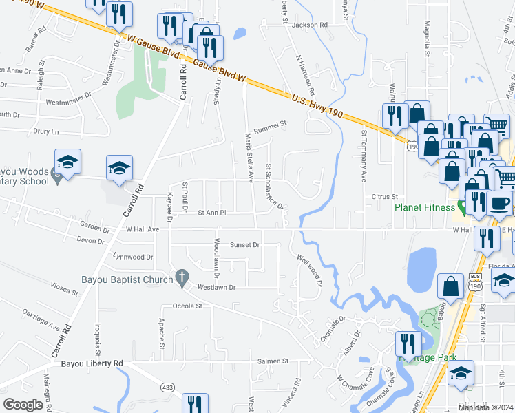 map of restaurants, bars, coffee shops, grocery stores, and more near 1168 Maris Stella Street in Slidell