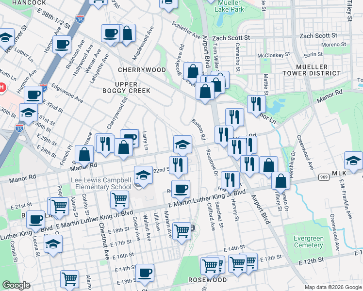 map of restaurants, bars, coffee shops, grocery stores, and more near 2900 Manor Road in Austin