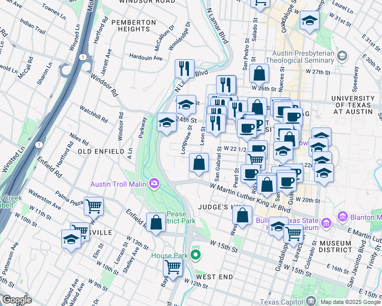 map of restaurants, bars, coffee shops, grocery stores, and more near 1108 West 22nd Street in Austin